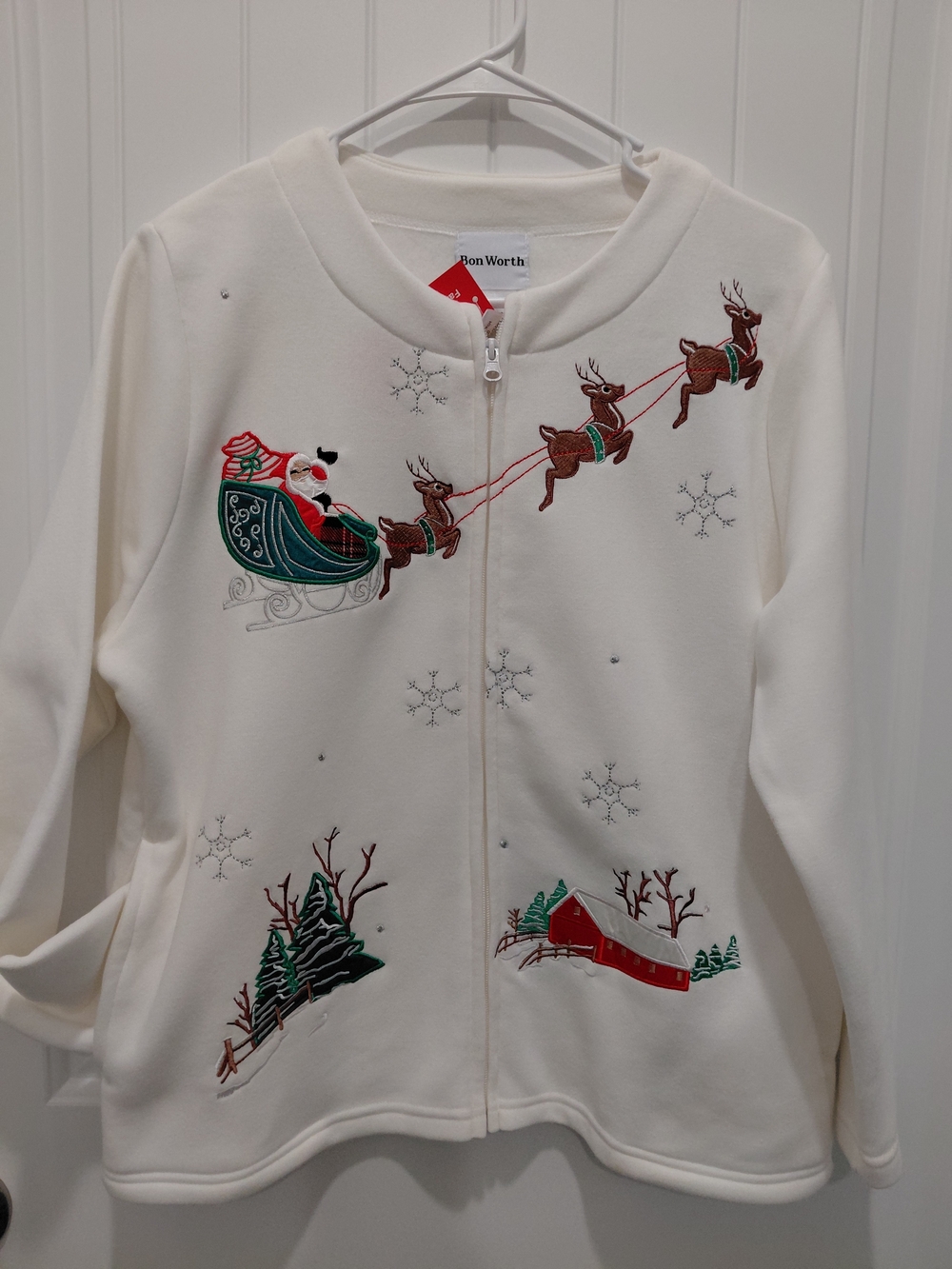 Bon Worth VANILLA Teddy Jacket with Santa Sleigh & Reindeer Embroidery